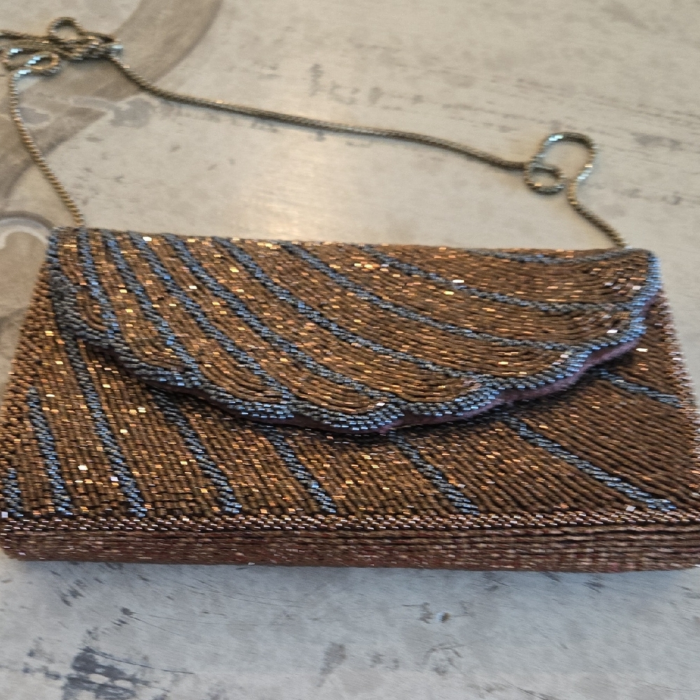 Coppery Brown and Black Beaded Evening Clutch or Shoulder Bag, NWOT